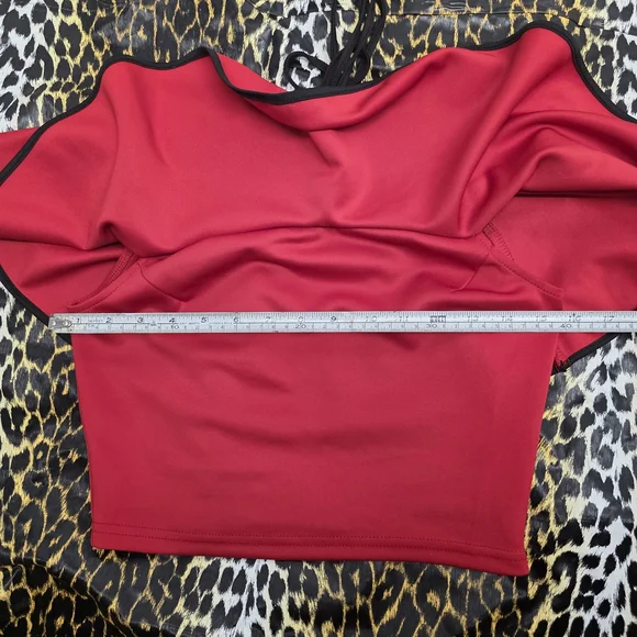 Banjul Pinup Cha Cha Red Off-Shoulder Tie-Front Crop Top with Black Trim - Picture 3 of 4